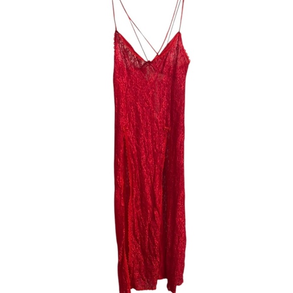 Red Nylon sheer Bodice long chemise Large vintage made in USA - Picture 5 of 8